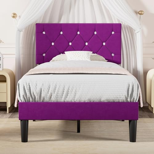 Purple Twin Size Bed Frame with Diamond Tufted Headboard - Upholstered Platform Bed with Wood Slats - No Box Spring Needed - Variation: Purple-1