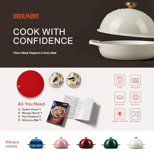 Overmont Cream White 6QT Enamel Cast Iron Dutch Oven with Dome Lid for Bread Baking