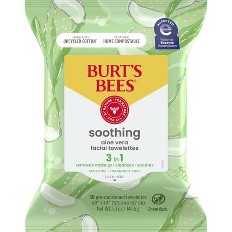 Burt's Bees, Aloe Vera Face Wipes, for Sensitive Skin, Soothing Makeup Remover & Facial Cleansing Towelettes, 30 Count (2 Pack)