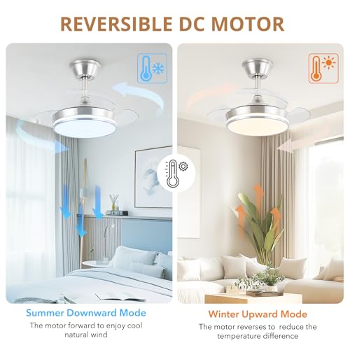 30-Inch Retractable Ceiling Fan with Lights - Brushed Nickel, Dimmable LED, Remote Control, 6 Speeds