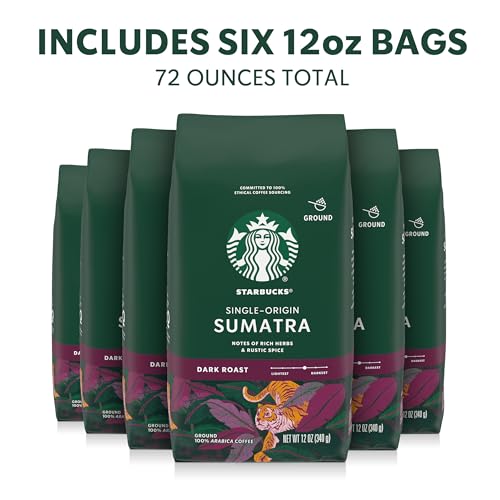 Starbucks Sumatra Single-Origin Dark Roast Ground Coffee — 6 x 12 oz Bags (Pack of 6)