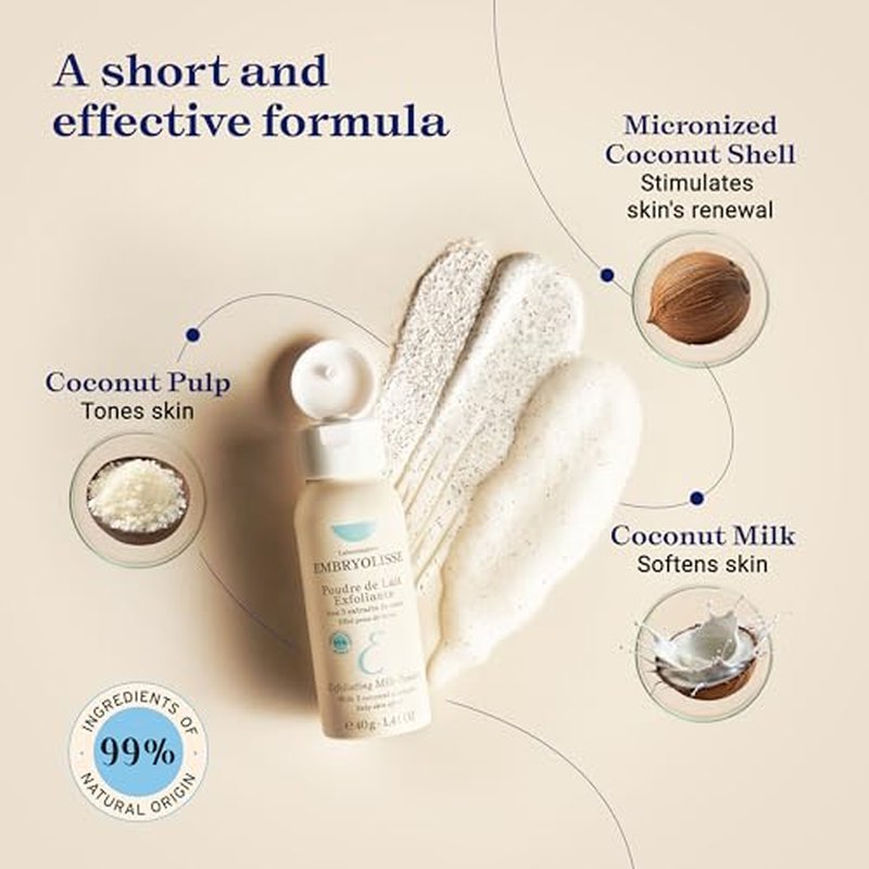 Embryolisse Exfoliating Face Scrub Powder - Facial Cleanser that Exfoliates, Tones and Softens the Skin - With Coconut & Milk Powder - for All Skin Types, Even Sensitive, 1.41 Oz