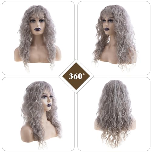 Long Curly Wavy Synthetic Wig for Women with Bangs - Grey, Heat Resistant, Halloween & Party Hair