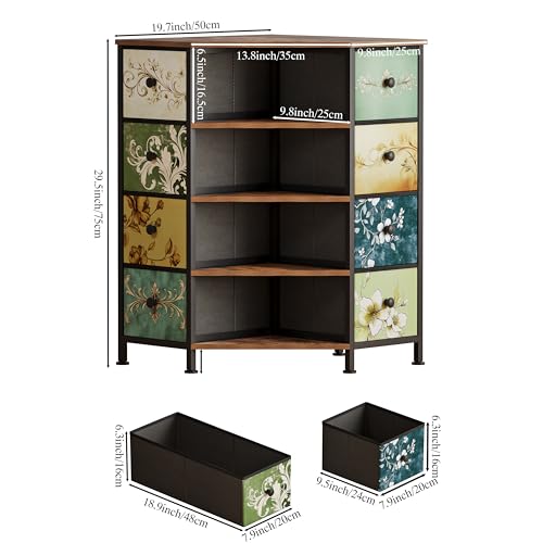 Corner Dresser with 8 Drawers & Shelves - Retro Pattern Variation