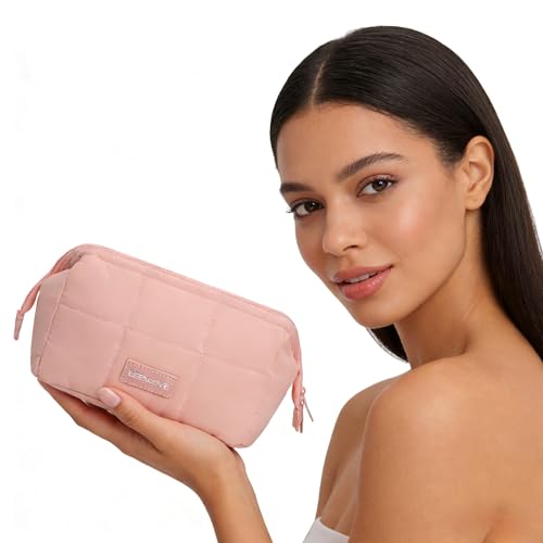 Travel Makeup Bag for Women Wide-Open Large Capacity Cosmetic Bag, Toiletry Pouch with Brush Storage, Travel Essentials Accessories(Pink)