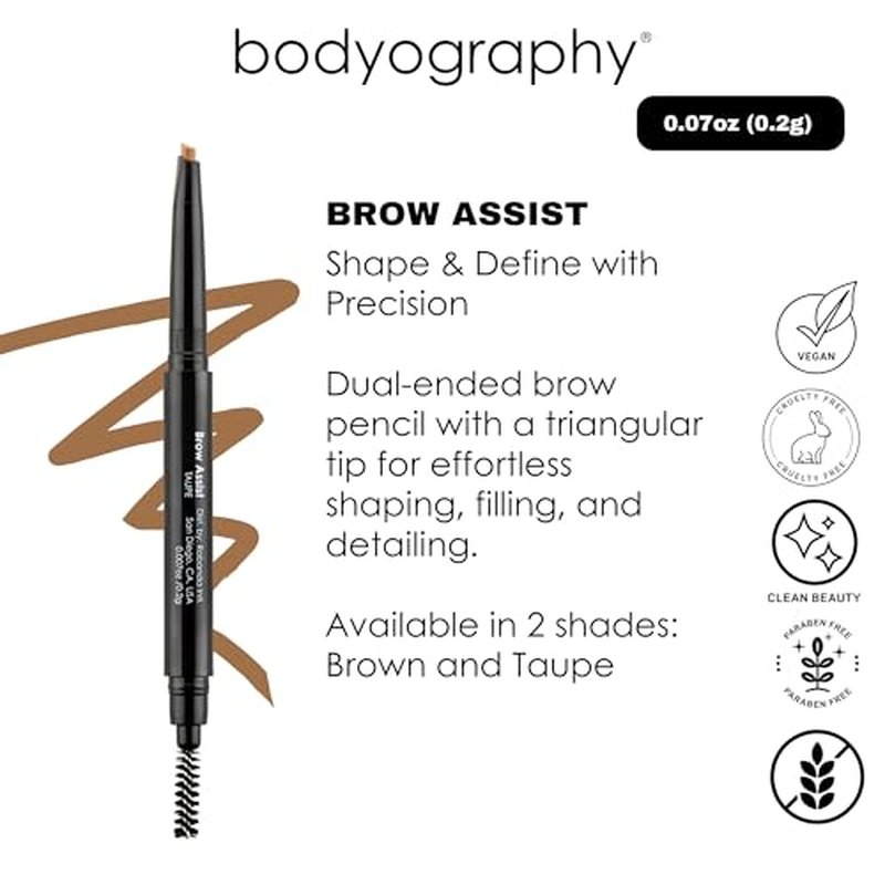 Bodyography Brow Assist ? Brown | Triangular Tip Eyebrow Pencil for Women with Built-In Spoolie | Defines, Fills & Shapes Brows | Mineral-Based Formula with Castor & Coconut Oil | Clean, Vegan