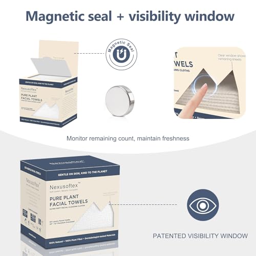 Premium Disposable Face Towels, 10"x12" XL, 90gsm Ultra-Thick 100% USDA Biobased Facial Towel, Gentle for All Skin Types, Magnetic Closure Box with Visibility Window (2 packs of 50ct)
