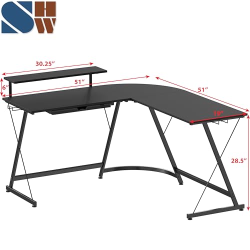 Black L-Shaped Corner Desk with Monitor Stand & Drawer - 51x51 Inch