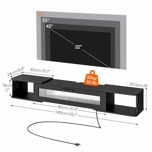 55.1 Inch Floating TV Shelf with LED Light & Power Outlets, Wall Mounted Entertainment Center, Black