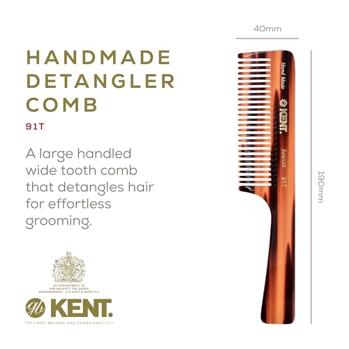 Kent 91T Wide Tooth Detangler Hair Comb for Women and Men - for Curly and Wavy Hair - Wet Hair Comb, Large Handle Wide Tooth Shower Comb for Effective Detangling, Saw-Cut Hand Polished made in England