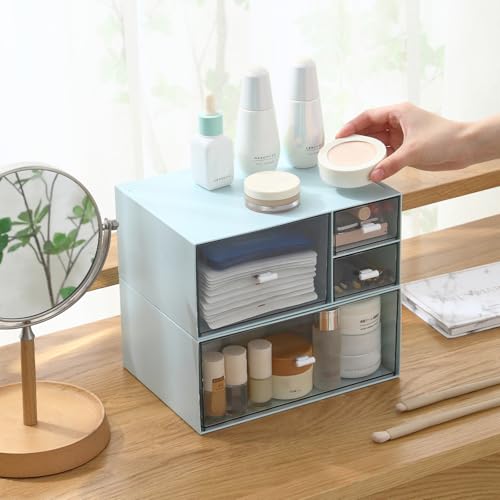 Blue 4-Drawer Makeup & Desk Organizer, Plastic Storage Box for Vanity & Office