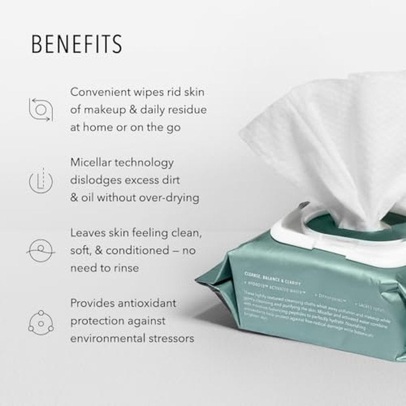 HydroPeptide HydroActive Cleanser, Micellar Facial Cloths, Cleanses Makeup, Dirt, and Excess Oil and Hydrates, 1 Pack (30 Cloths)