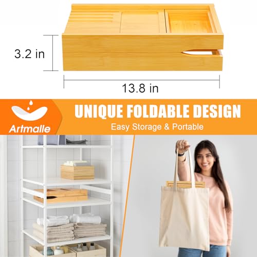 Artmalle Foldable Bamboo Bathtub Caddy Tray for Tub - Natural, Semi-Simple