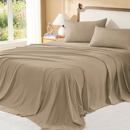 California King Comforter Set with Sheets - Taupe Boho 7-Piece Bed in a Bag, Amber Brown Variation