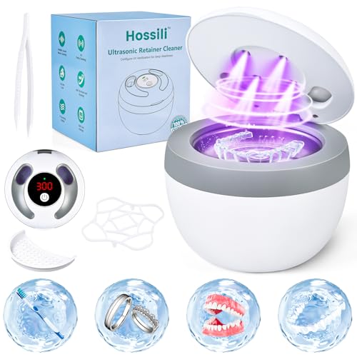 Hossili White Ultrasonic Retainer Cleaner Machine 45kHz 200ML with 4 Wash Modes & Digital Timer (Popular Version)