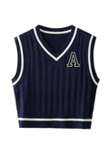 Large Navy Blue V Neck Letter Striped Sleeveless Sweater Vest for Women