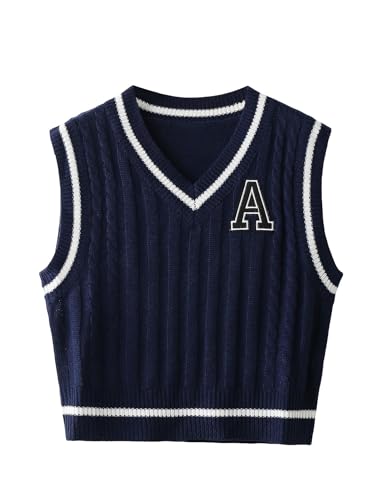 Large Navy Blue V Neck Letter Striped Sleeveless Sweater Vest for Women