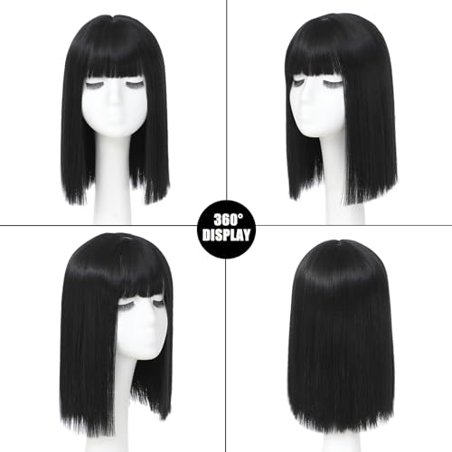 Black Synthetic Bob Wig with Bangs - Heat Resistant 14 Inch Short Straight Cosplay Hair for Women & Girls - Variation: Black