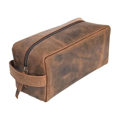 Leather Toiletry Bag, Cosmetic Case, Classy Dopp Kit - Best Gift - Premium Genuine Leather Dopp Kit Shaving Kit Organizer Travel Kit Pouch Bag f - Large Size (Oil pull up) (Dark Brown)