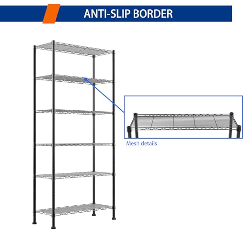 Black 6-Tier Wire Shelving Unit - Adjustable Metal Storage Rack for Laundry Kitchen Bathroom 14.1"D x 30"W x 80"H