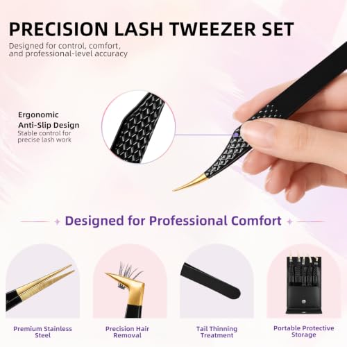 5Pcs Eyelash Extension Tweezers Set - Stainless Steel, Titanium Coated, Black Finish