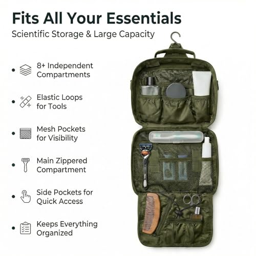 Men's Travel Toiletry Bag Hanging Dopp Kit - Green, Lightweight & Organizer