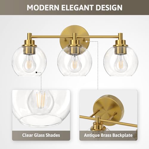 VONLUCE 3-Light Bathroom Vanity Light Fixture - Gold Finish, Modern Glass Shades, Dimmable