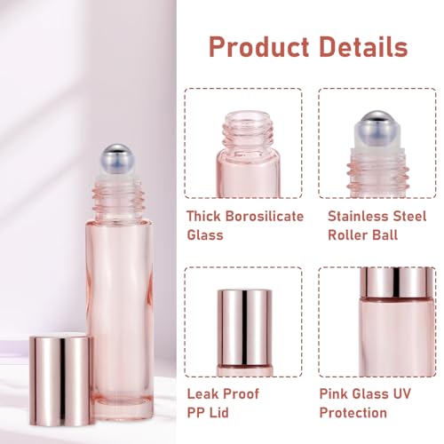 Rose Gold 10ml Essential Oil Roller Bottles - Leak-Proof Glass Vials, Refillable & Portable