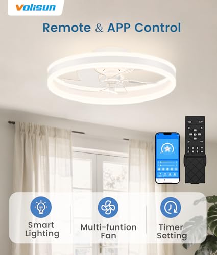 20 Inch White Low Profile Ceiling Fan with Dimmable LED Light and Remote Control