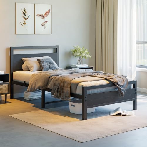 Black Twin Bed Frame with Wooden Headboard, Metal Platform, No Box Spring Needed
