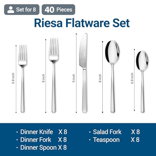 40-Piece Flatware Set for 8 - Stainless Steel Silverware, Durable & Rust-Resistant