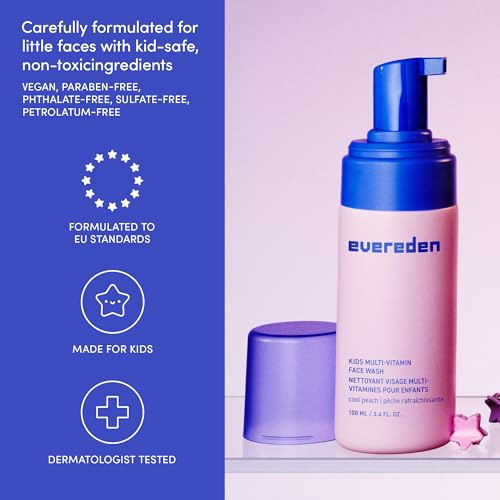 Evereden Kids Face Wash: Cool Peach, 3.4 fl oz. | Cute Terry Spa & Makeup Headband | Gentle Kids Skin Care | Non-toxic and Safe Ingredients for Sensitive Skin | Multi-Vitamin Skin Care