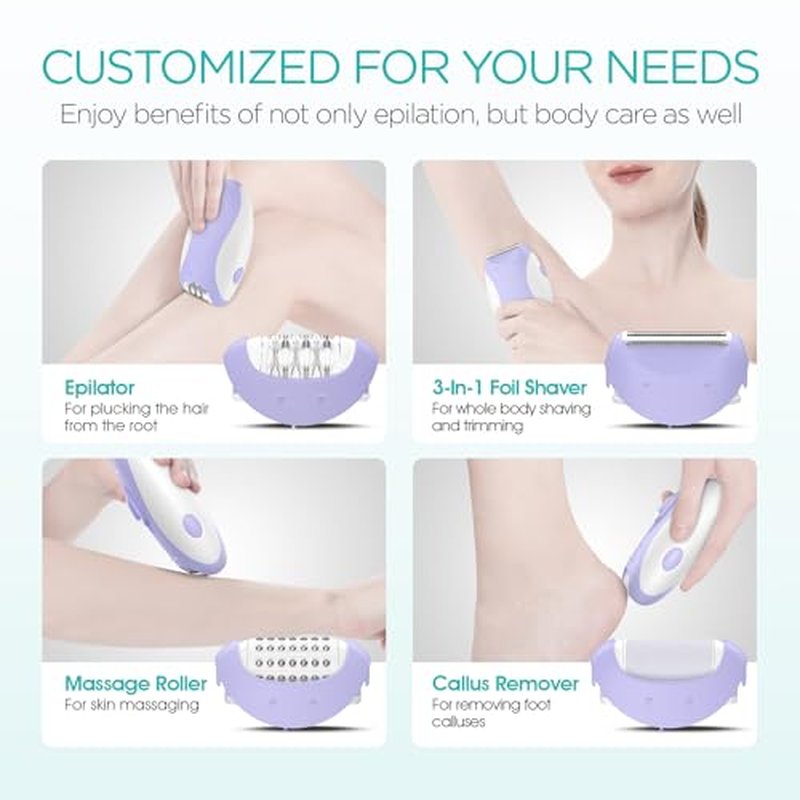 4-in-1 Electric Cordless Epilator for Women 21 Tweezers Purple and Green