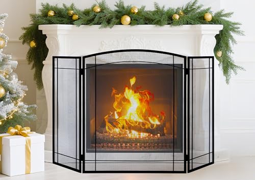 Modern Black 3-Panel Fireplace Screen 48x29in Foldable Heavy Duty Metal Mesh
