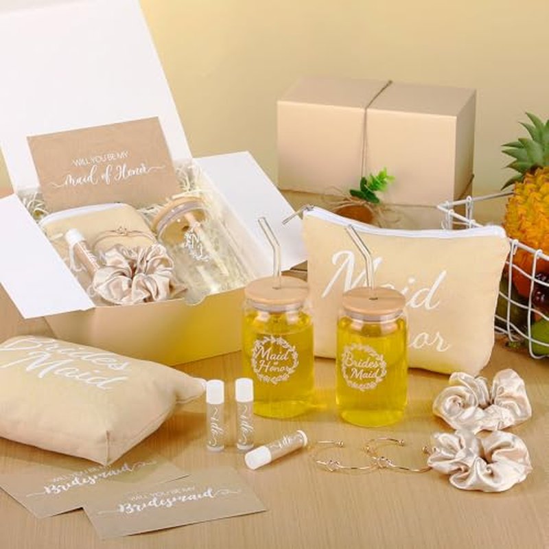 54 Pcs Bridesmaid Proposal Gifts, Maid of Honor Bride Gift Include Wedding Gift Box Makeup Bag Invited Card Glass Cup Lip Balm Scrunchie Bracelet for Bridal Shower Party(Beige)