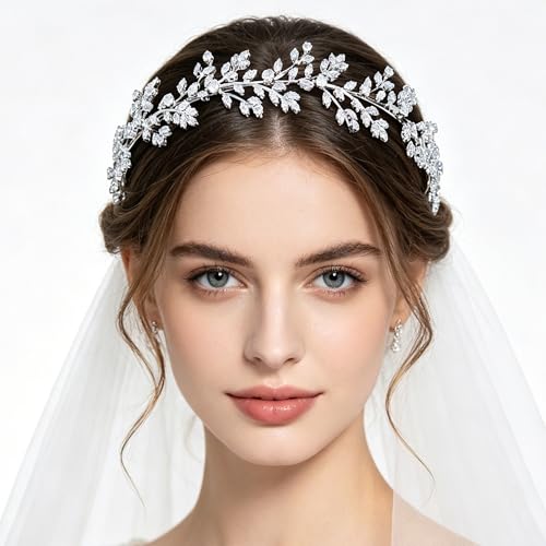 Jorsnovs E-Silver Bridal Headpiece with Cubic Zirconia for Wedding & Special Occasions