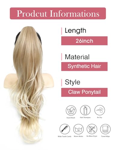 MEGICAEBEAUTY 26 Inch Light Blonde Clip-In Ponytail Hair Extensions Curly & Straight