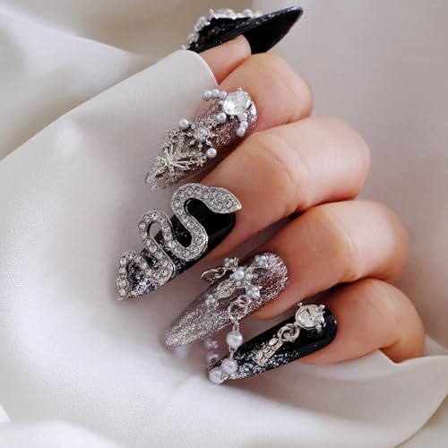 Luxury Long Almond Press-On Nails, Black and Silver Glitter with 3D Rhinestones and Pearl Accents, Handmade False Nail 10 Pieces (Small, LS)
