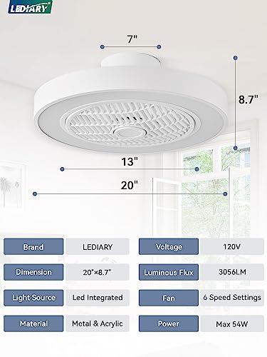 LEDIARY 20 Inch White Bladeless Enclosed Ceiling Fan with Dimmable LED Light