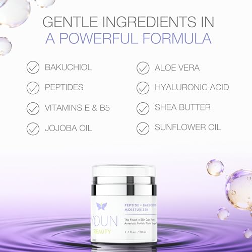 YOUN Beauty Bakuchiol Face Cream with Peptides - 50ml, Retinol Alternative for Aging Skin