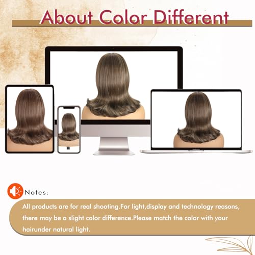 LEOSA Brown Highlights Short Bob Wig with Bangs, Realistic Scalp, Shoulder Length Wavy Layered Synthetic Hair for Women