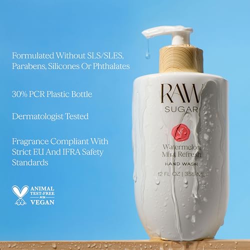Raw Sugar Hand Wash Variety Pack 4 Scents - Coconut Mango, Pineapple Berry, Watermelon Mint, Lemon Sugar, 16.9 Fl Oz Bottles