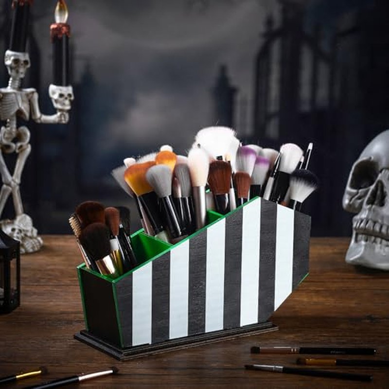 Coffin Makeup Brush Holder Black Striped Gothic Makeup Brush Holder Wooden Organizer Gifts for Women Cosmetic Display Cases Spooky Pencil Brushes Organizer Bathroom Accessories