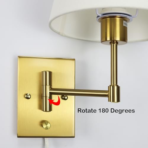 Gold Wall Sconces Set of Two - Modern Plug-In Swing Arm Lamps with Linen Shades