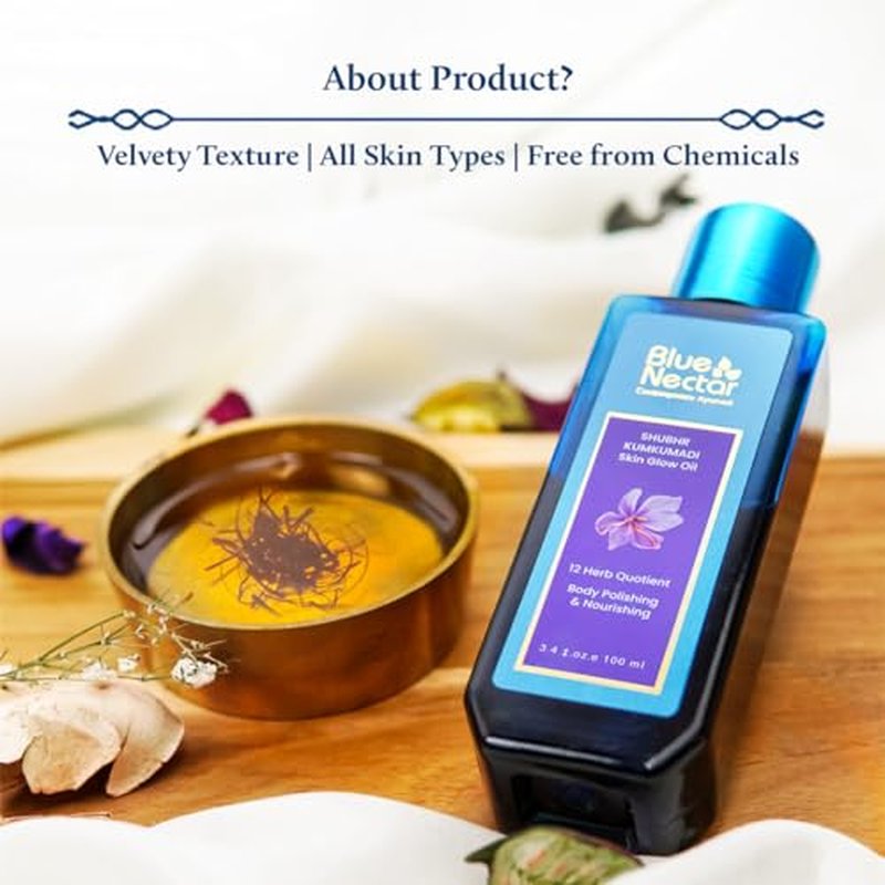 Blue Nectar Kumkumadi Body Oil for Glowing Skin | Moisturizing Oil for Dry Skin with Relaxing Aroma | Plant Based Body Oil for Women & Men (12 Herbs, 3.4 fl oz)
