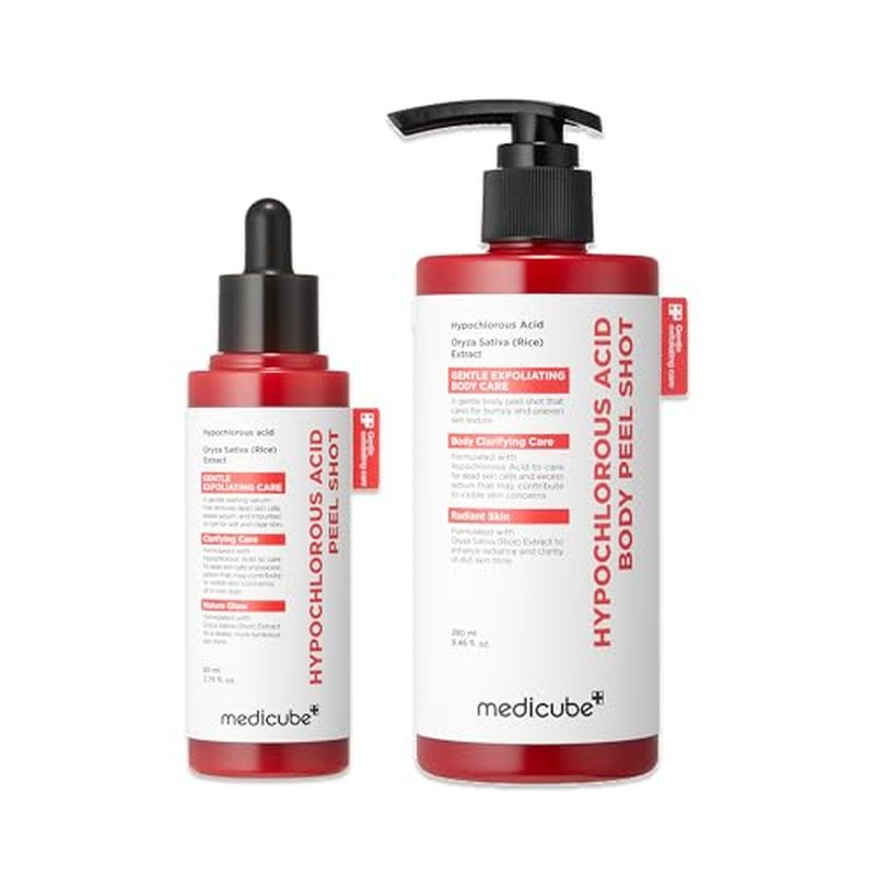 medicube Hypochlorous Acid Peel Shot Duo for Face & Body: Hypochlorous Acid Facial & Body Peel Shot | Exfoliating Serum Set with Rice Extract, Panthenol | Hydrating, Calming & Texture Refining Care