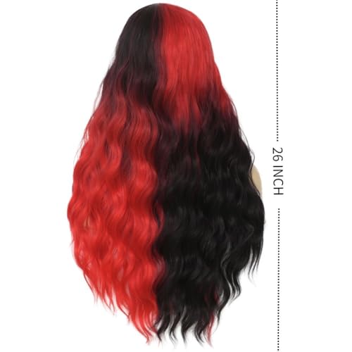 Long Curly Half Red Black Wig 27 Inch Synthetic Wavy Costume Hair for Women - Variation of THIS listing
