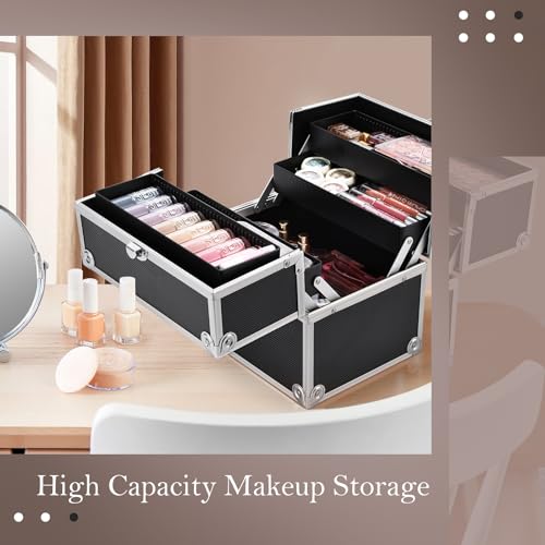 FRENESSA Black Makeup Train Case with 4 Trays Lockable Portable Cosmetic Organizer