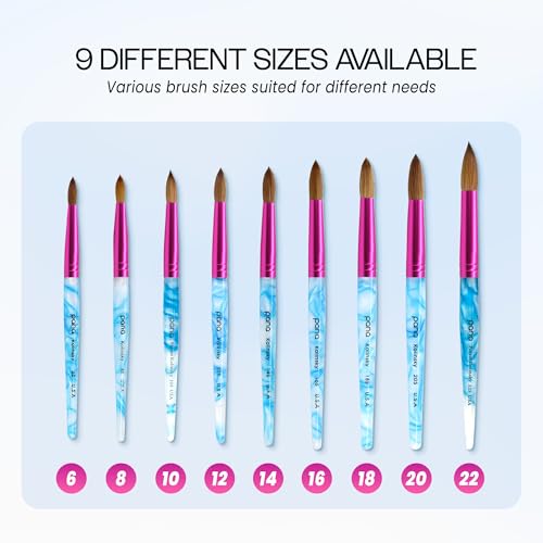 PANA Pure Kolinsky Nail Brush Size 16 - Round Shape Pink Ferrule & White Swirl Blue Handle