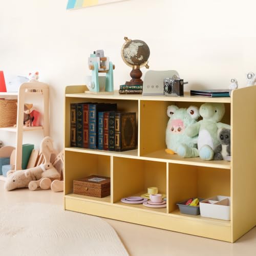 Wooden Montessori Shelf for Kids - Toddler Bookcase & Toy Storage Organizer, Natural Finish, 5-Section Kids Room Storage